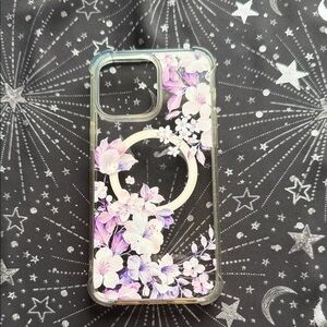 Floral Clear Phone Case with Purple & Pink Accents - iPhone 14 Pro Max - MagSafe